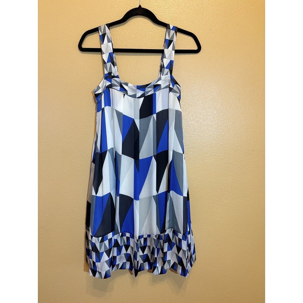 Theory Dress Womens 4 Blue Geometric Silk Shift Dress Sleeveless Square Neck Y2K